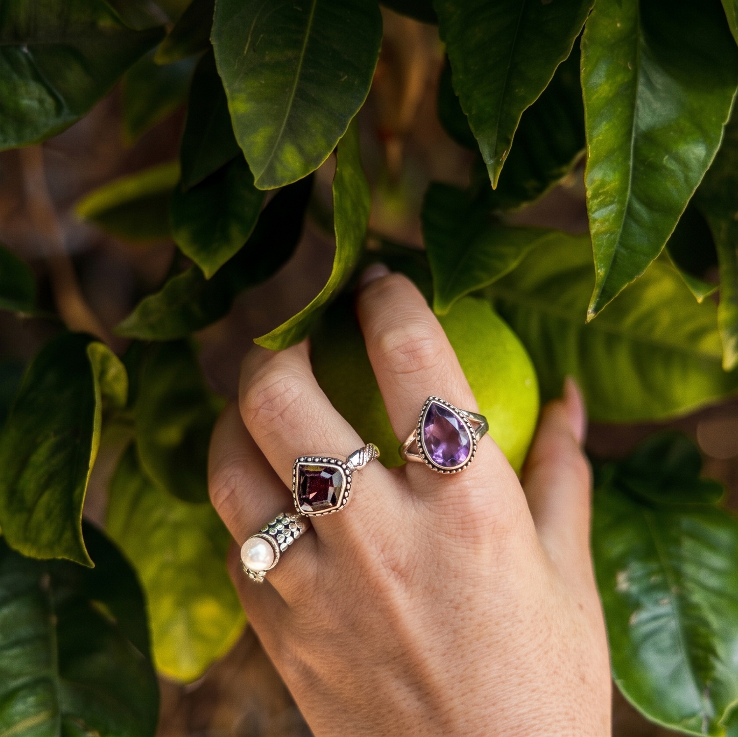 Hand wearing three rings with gemstones against a leafy background