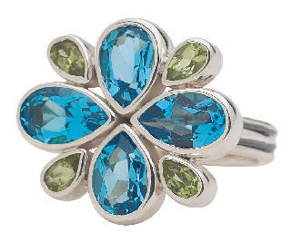 Sterling silver flower ring with blue topaz and peridot, smooth finish, sizes 7 and 8