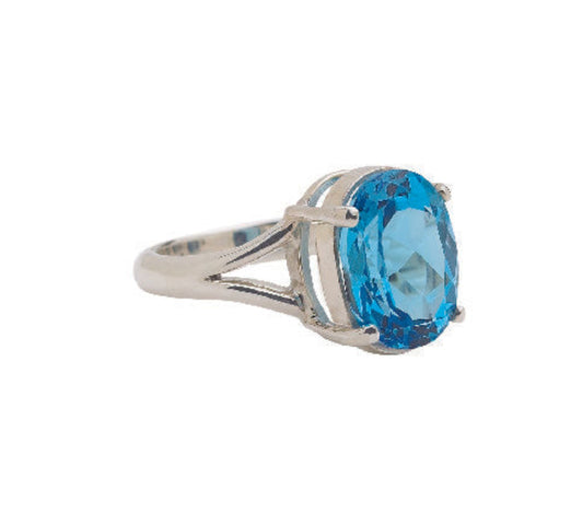 Oval blue topaz ring with prong setting and simple silver band, sizes 7 and 9