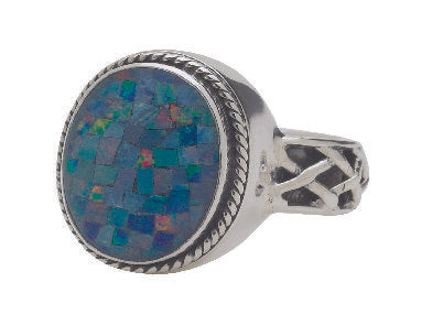 Sterling silver ring with oval mosaic opal and trellis shank, size 8
