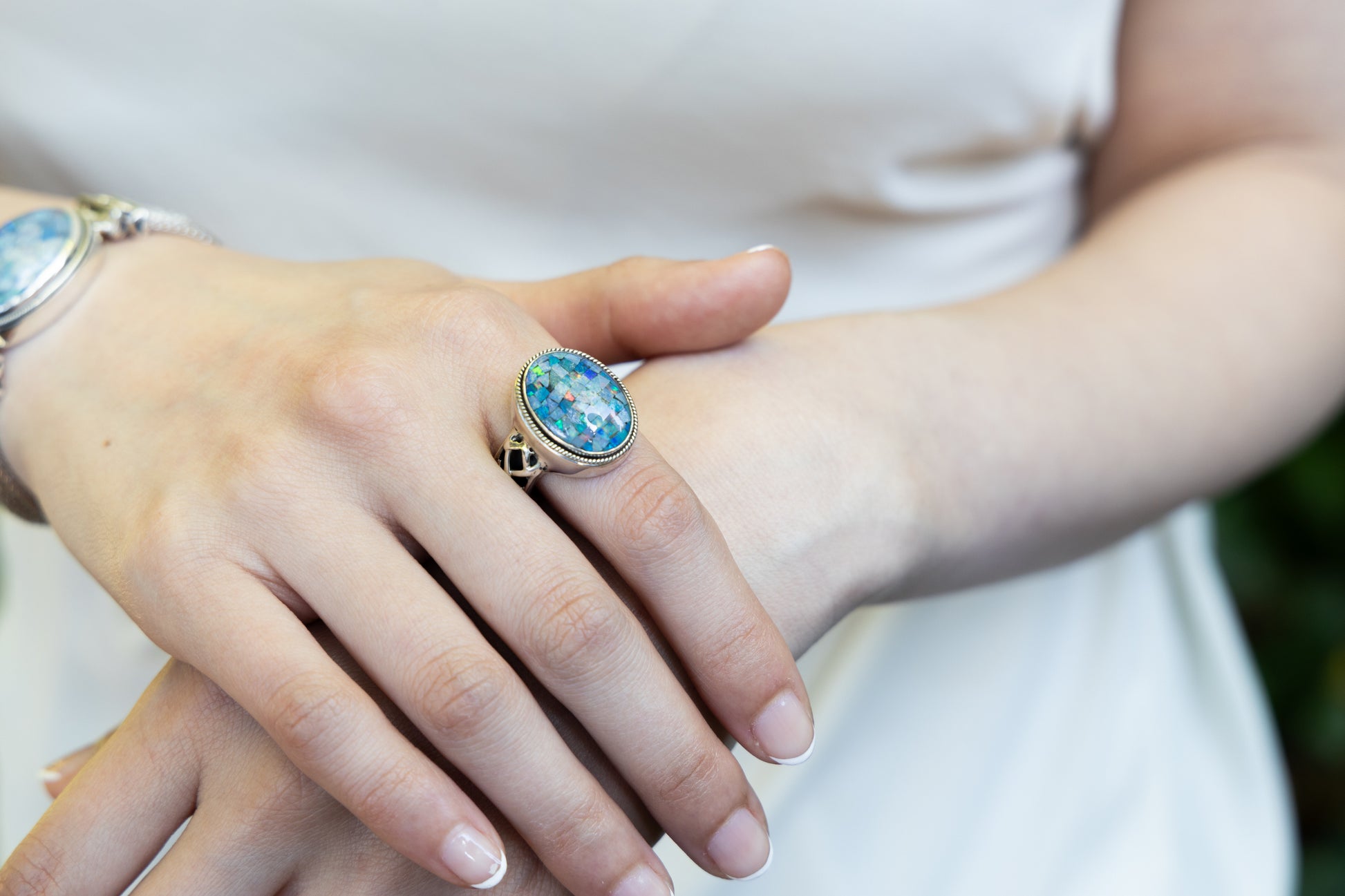 Sterling silver ring with oval mosaic opal and trellis shank, size 8