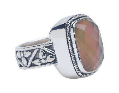 Sterling silver cushion-cut ring with mocha pearl doublet and floral repoussé shank