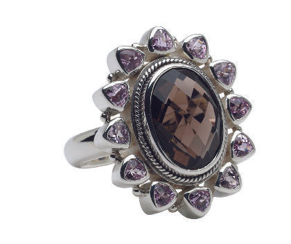 Sterling silver halo cocktail ring with smoky quartz center and pink sapphire trillion petal surround