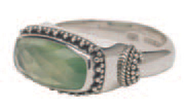 Sterling silver cushion-cut prehnite ring with hand-applied granulation and tapered shank, size 8.