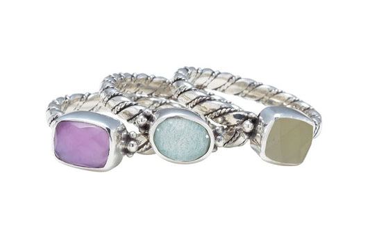 Set of three sterling stacking rings with aspen wood quartz, prehnite and amethyst doublet (Wisteria 2008).