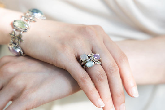 Set of three sterling stacking rings with aspen wood quartz, white rainbow drusy and amethyst doublet (Wisteria 2008).