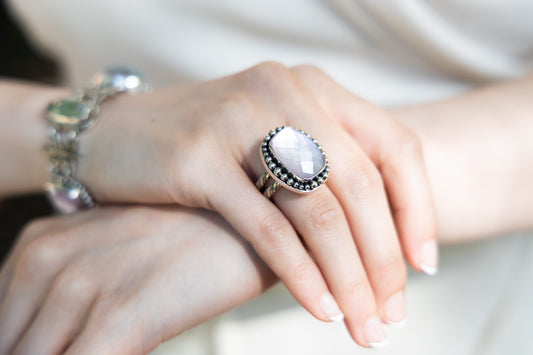 Sterling cushion rectangle ring with amethyst doublet and beaded border (Wisteria 2008).