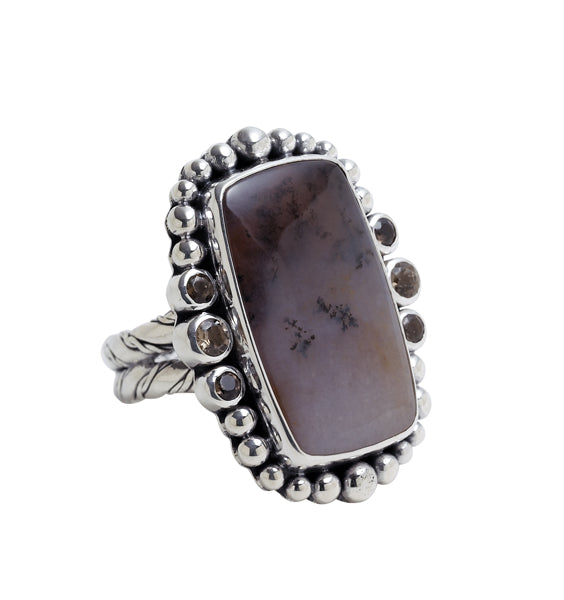 Rectangular sage-agate ring with smoky-quartz halo on braided silver shank, Chrysalis 2008