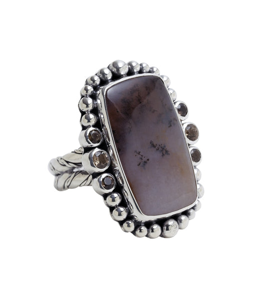 Rectangular sage-agate ring with smoky-quartz halo on braided silver shank, Chrysalis 2008
