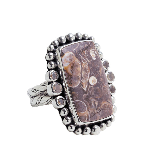 Rectangular Turtella fossil ring with smoky-quartz halo and twisted silver shank, Chrysalis 2008