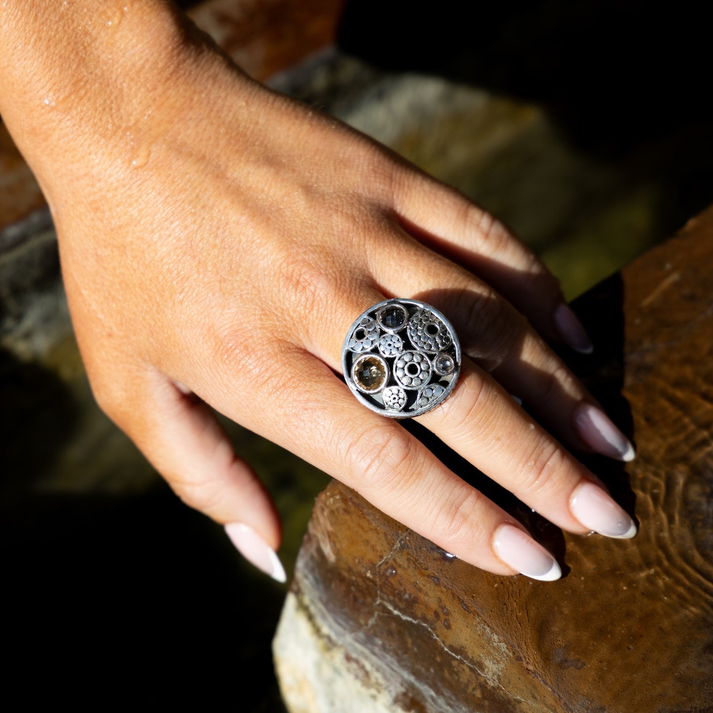 Round Kaleidoscope Ring – Smoky Quartz, Smoky Citrine & White Quartz (Chrysalis 2008 Archive, Size 9)