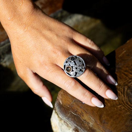 Round Kaleidoscope Ring – Smoky Quartz, Smoky Citrine & White Quartz (Chrysalis 2008 Archive, Size 9)