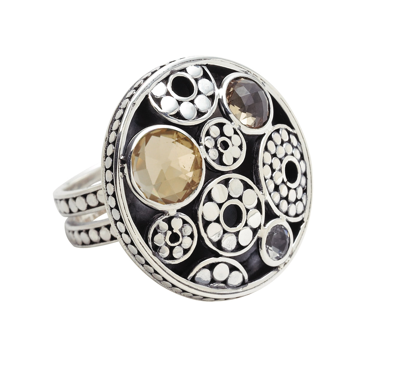Round Kaleidoscope Ring – Smoky Quartz, Smoky Citrine & White Quartz (Chrysalis 2008 Archive, Size 9)
