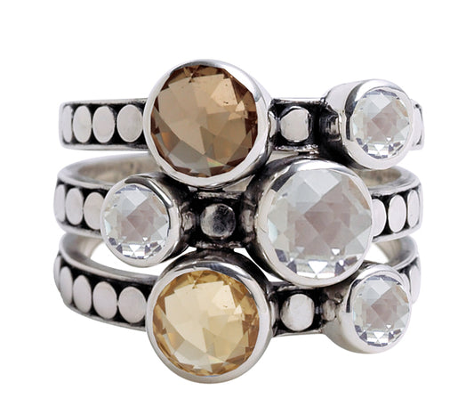 Fused triple-band sterling-silver Galaxy ring with smoky-quartz, white-quartz and citrine cluster, Chrysalis 2008