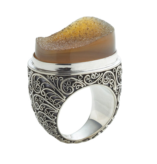 Free-form honey-drusy ring with detailed filigree sterling band, Chrysalis 2008