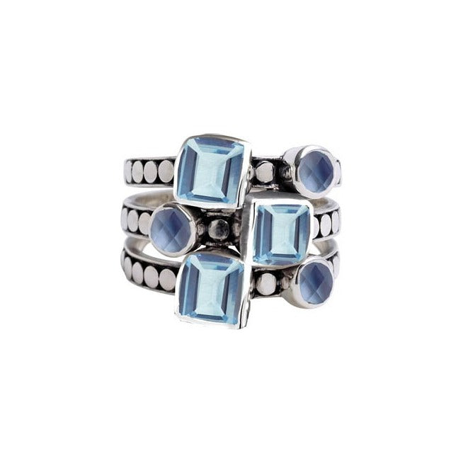 Sterling silver fixed stacking ring with square and round alexandrite and blue spinel and granulation detail, size 6, Lori Bonn Cielo Collection 2008 Archive.