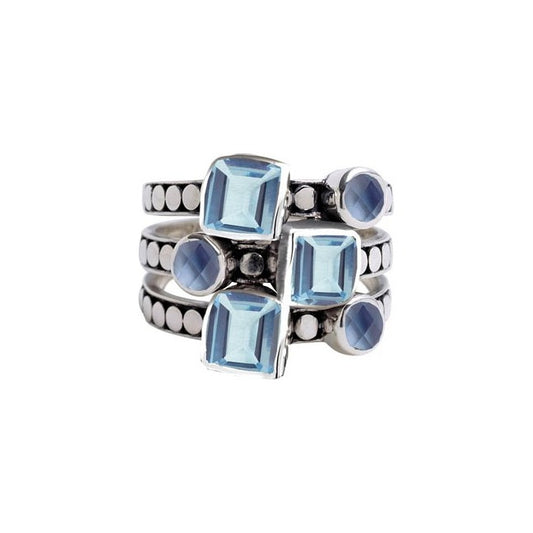 Sterling silver fixed stacking ring with square and round alexandrite and blue spinel and granulation detail, size 6, Lori Bonn Cielo Collection 2008 Archive.