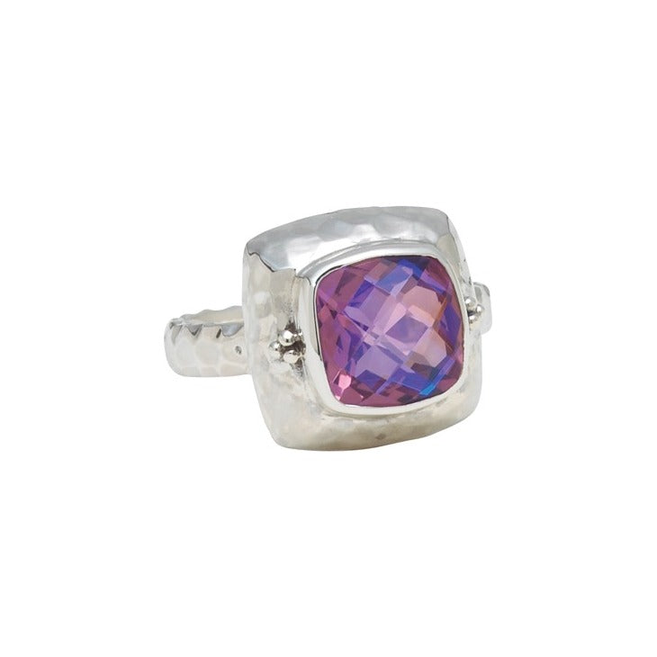 Sterling silver ring with cushion rainbow lavender quartz and hand-hammered band, size 8, Lori Bonn Splash Collection 2009 Archive.