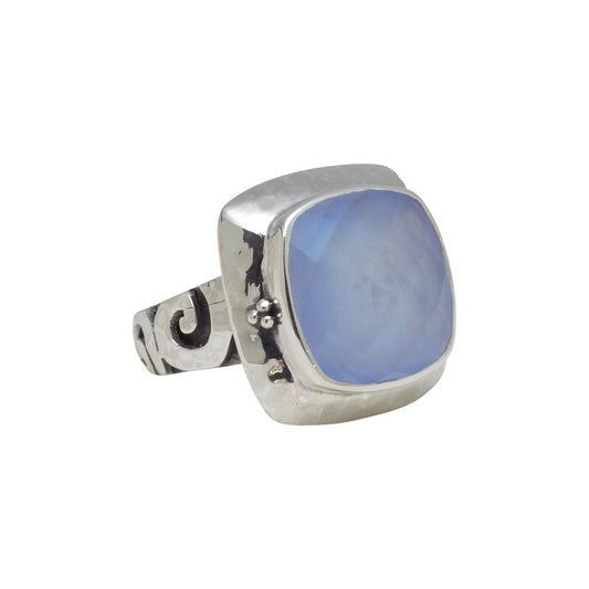 Sterling silver cocktail ring with large cushion chalcedony and hand-hammered swirls circling the shank, size 8, Lori Bonn Splash Collection 2009 Archive.