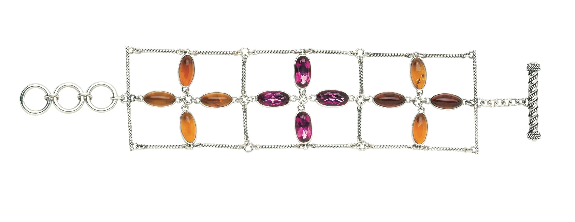Sterling silver three-strand oval flower link bracelet with amber and raspberry topaz and twisted rope bar links with toggle closure, Parisian Muse Collection 2004, Lori Bonn Archive.