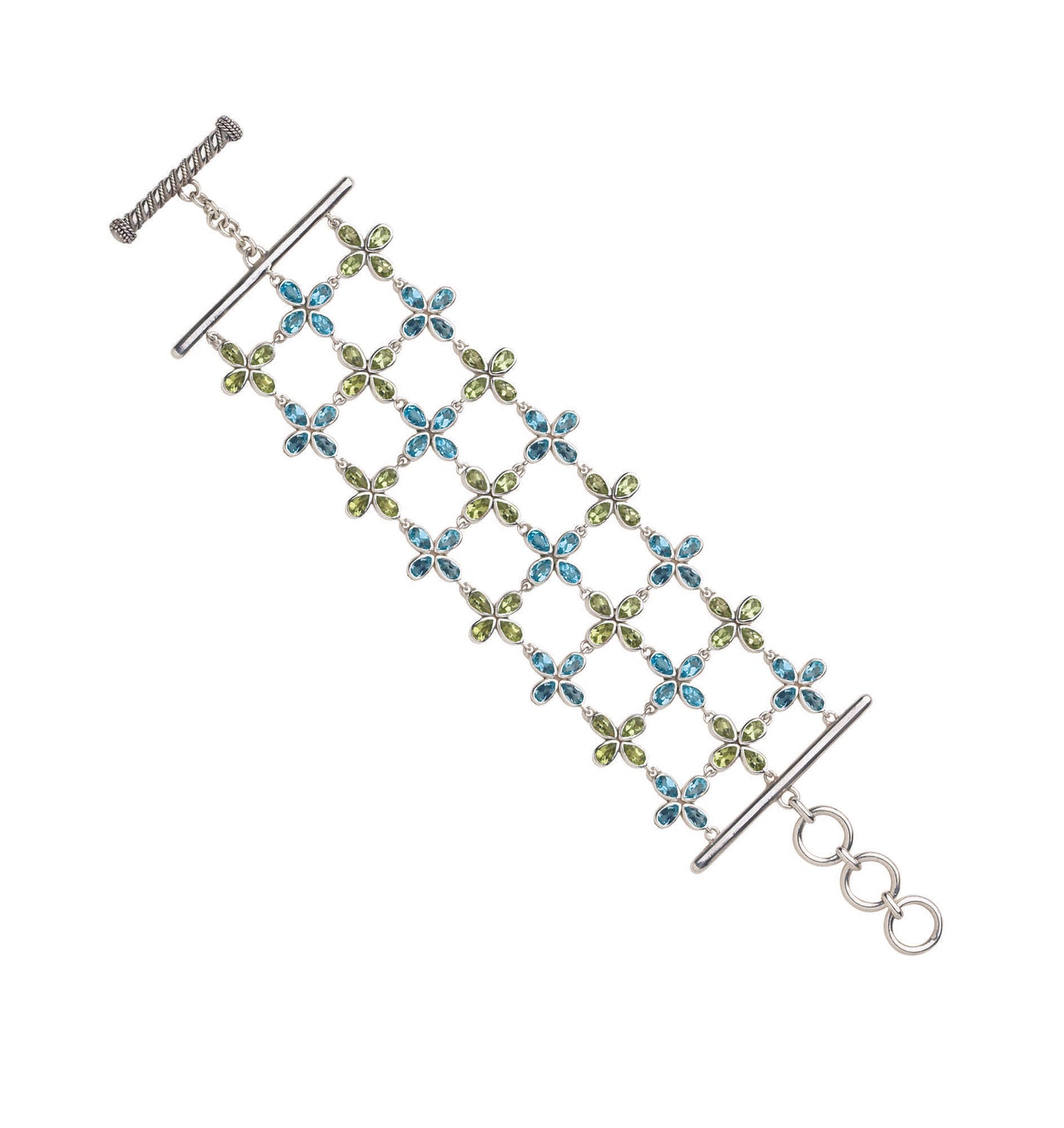 Wide sterling silver clover link bracelet with Swiss blue topaz and peridot