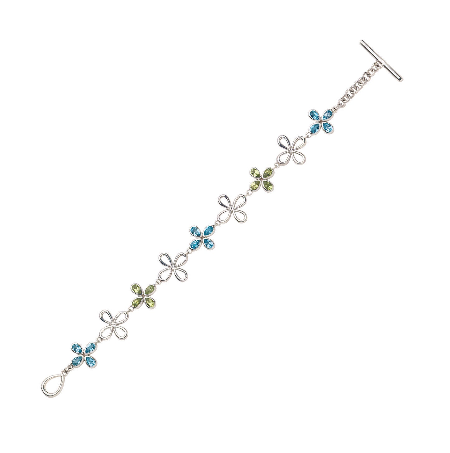 Sterling silver clover link bracelet with Swiss blue topaz and peridot