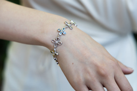 Sterling silver clover link bracelet with Swiss blue topaz and peridot