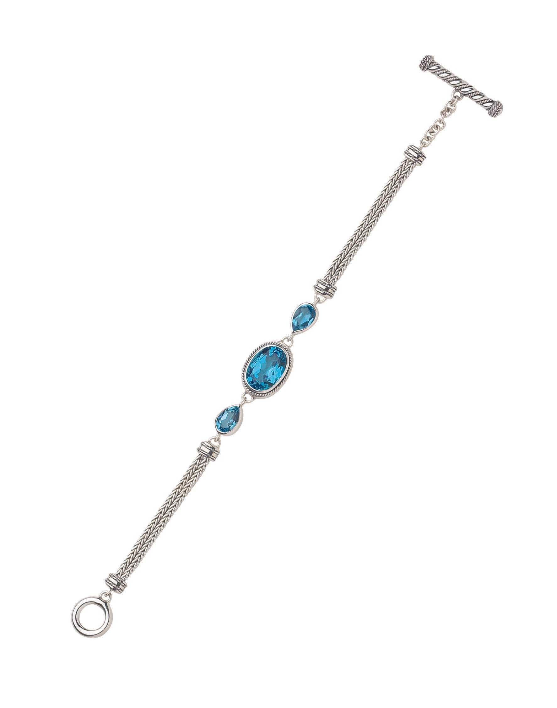 Foxtail-linked sterling silver bracelet with oval and pear Swiss blue topaz
