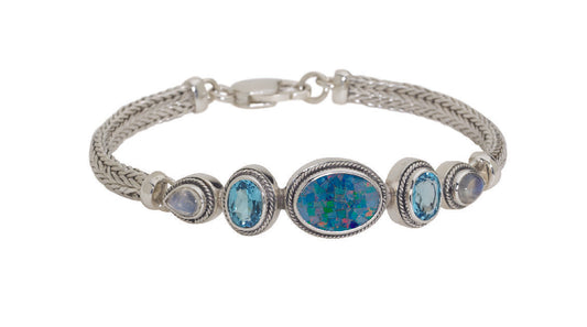 Sterling silver snake chain bracelet with opal mosaic, Swiss blue topaz, and rainbow moonstone