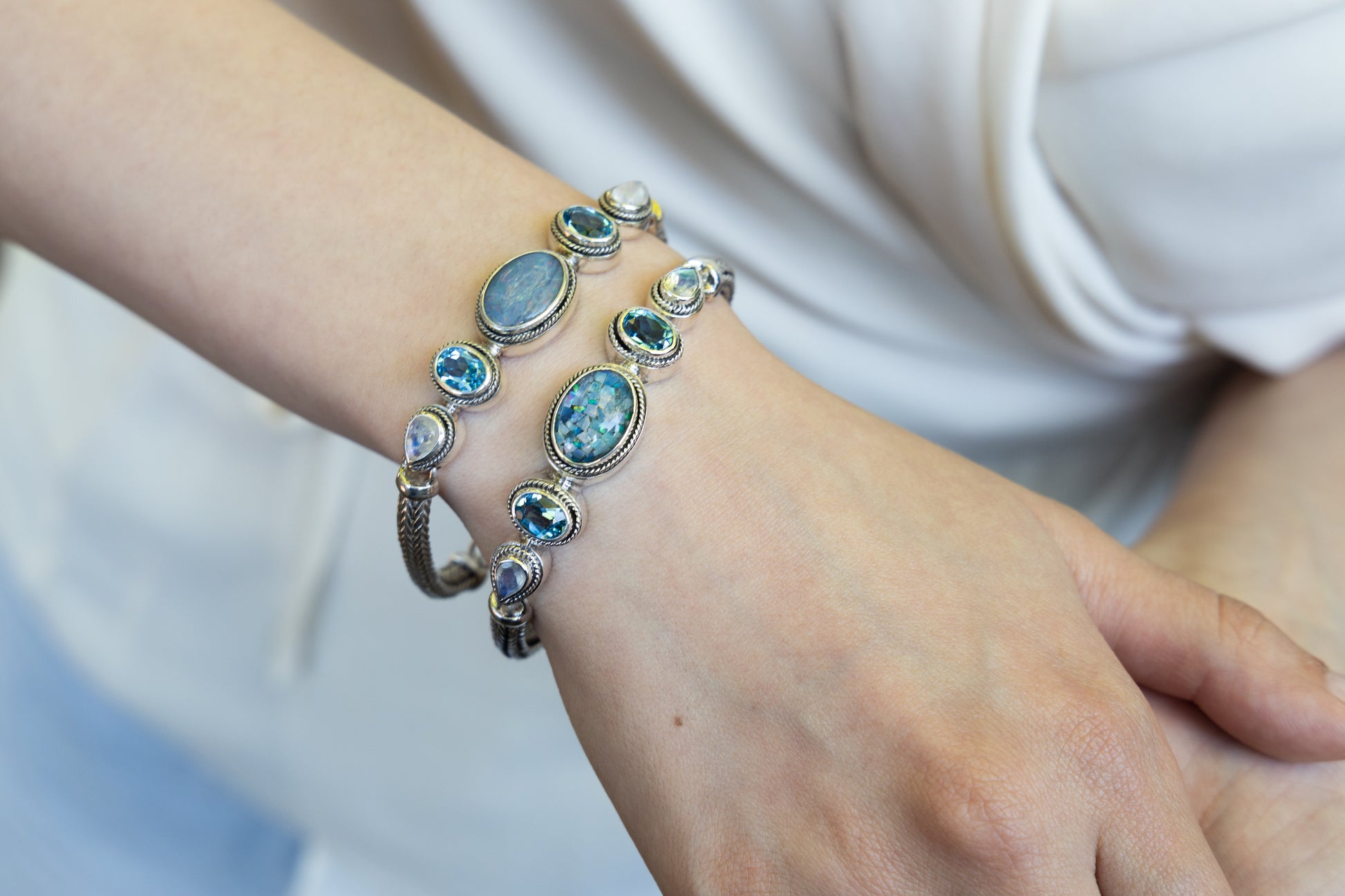Sterling silver snake chain bracelet with opal mosaic, Swiss blue topaz, and rainbow moonstone