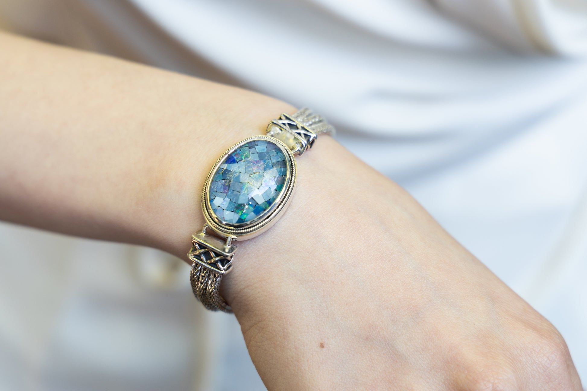 Sterling silver foxtail bracelet with oval opal mosaic stone