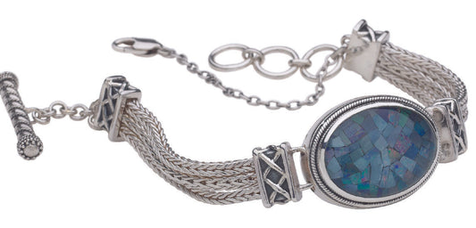 Sterling silver foxtail bracelet with oval opal mosaic stone
