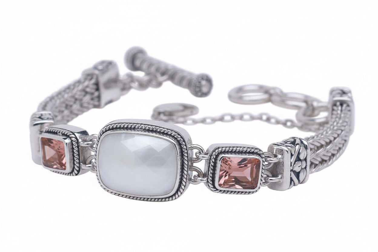 Sterling silver Ikat bracelet with snow quartz doublet center and blush quartz accents from the Blush 2006 Collection.