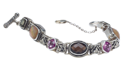 Sterling silver link bracelet with mocha pearl, smoky quartz, and pink sapphire cushion stones