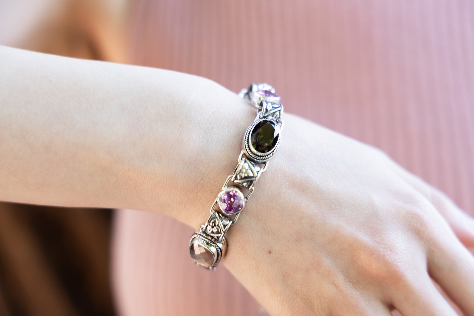 Sterling silver link bracelet with mocha pearl, smoky quartz, and pink sapphire cushion stones
