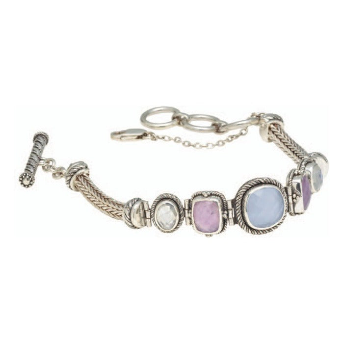 Sterling silver snake chain bracelet with chalcedony, amethyst doublets, and rainbow moonstone, adjustable toggle with safety clasp, Lori Bonn Hydrangea Collection 2007 Archive.