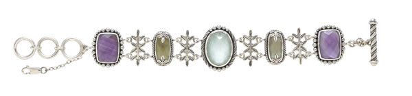 Sterling-silver Wisteria bracelet with leaf links and bezel-set amethyst doublets, prehnite, and aspen wood quartz – 2008 Lori Bonn Archive
