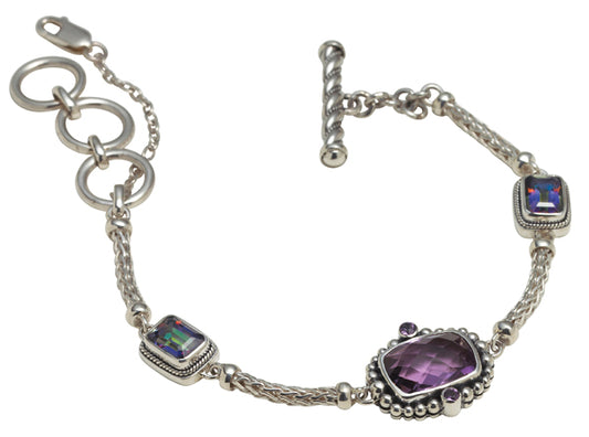 Sterling silver handwoven snake chain bracelet with large amethyst doublet center stone and rectangular mystic fire topaz stations, Windsor Collection 2008, Lori Bonn Archive.