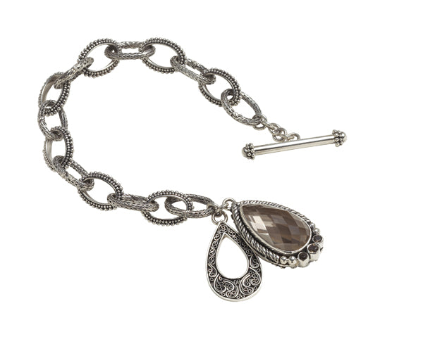 Sterling-silver charm bracelet with faceted smoky-quartz teardrop and toggle clasp, Chrysalis 2008 archive sample