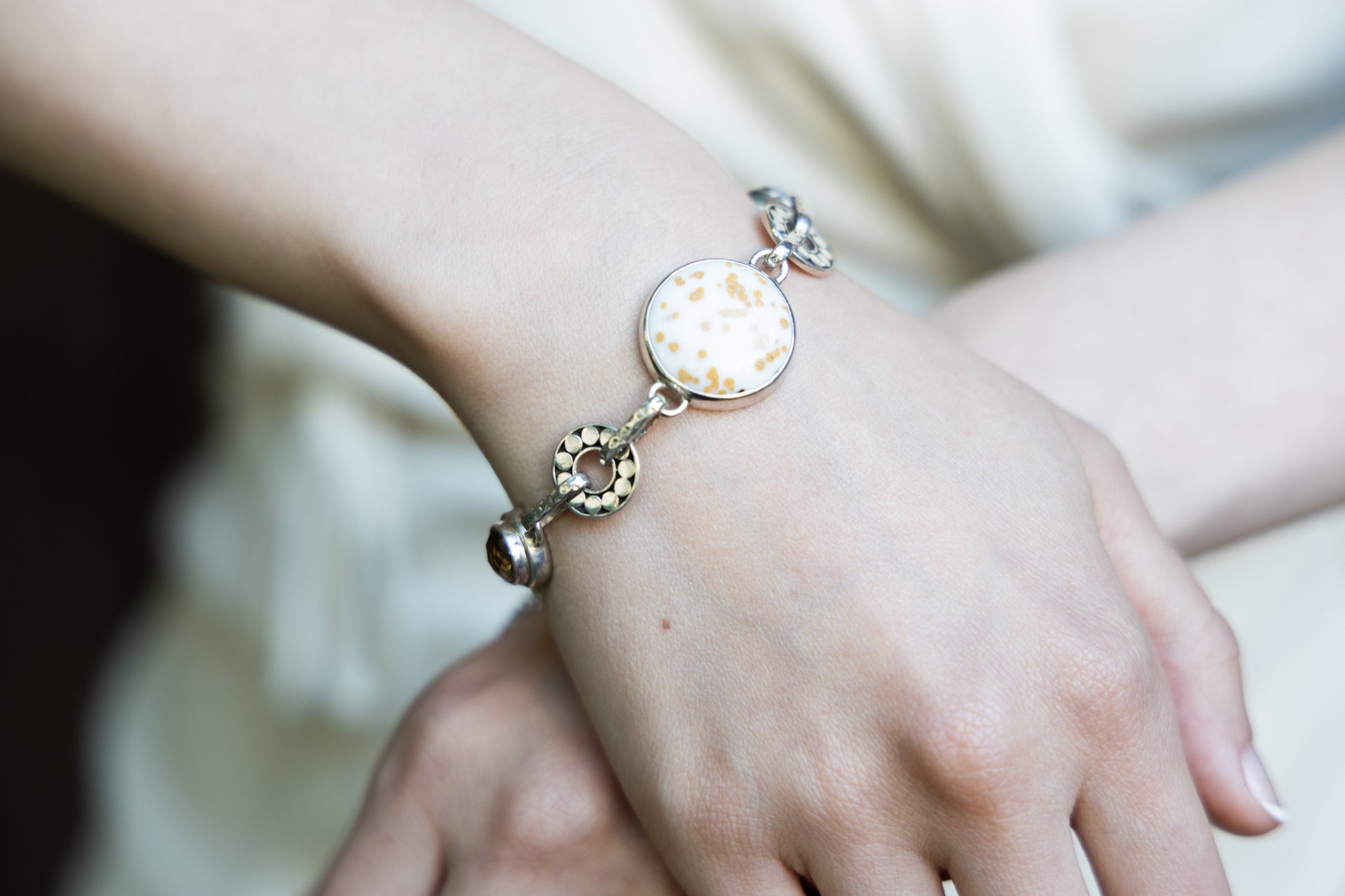 Sterling-silver link bracelet with polka-dot chalcedony and smoky citrine stones, Lori Bonn Chrysalis Collection 2008