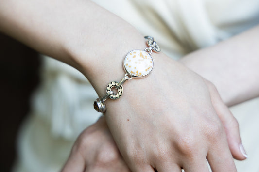 Sterling-silver link bracelet with polka-dot chalcedony and smoky citrine stones, Lori Bonn Chrysalis Collection 2008