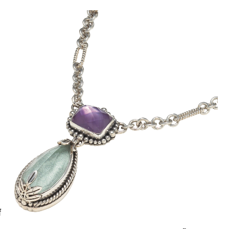 Sterling necklace with Aspen Wood Quartz and Amethyst Doublet drop on Figaro chain (Wisteria 2008)