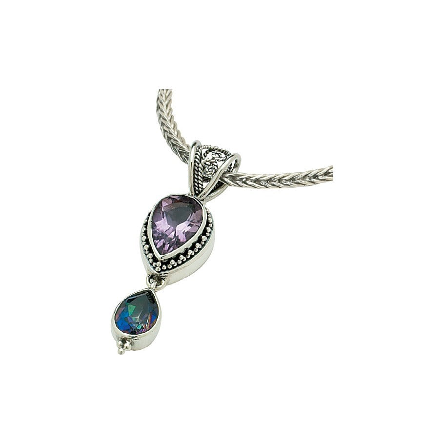 Sterling silver pendant necklace with amethyst and mystic fire topaz double pear drop and twisted filigree bail on handwoven foxtail chain, Lori Bonn Heirloom Collection 2002 Archive.
