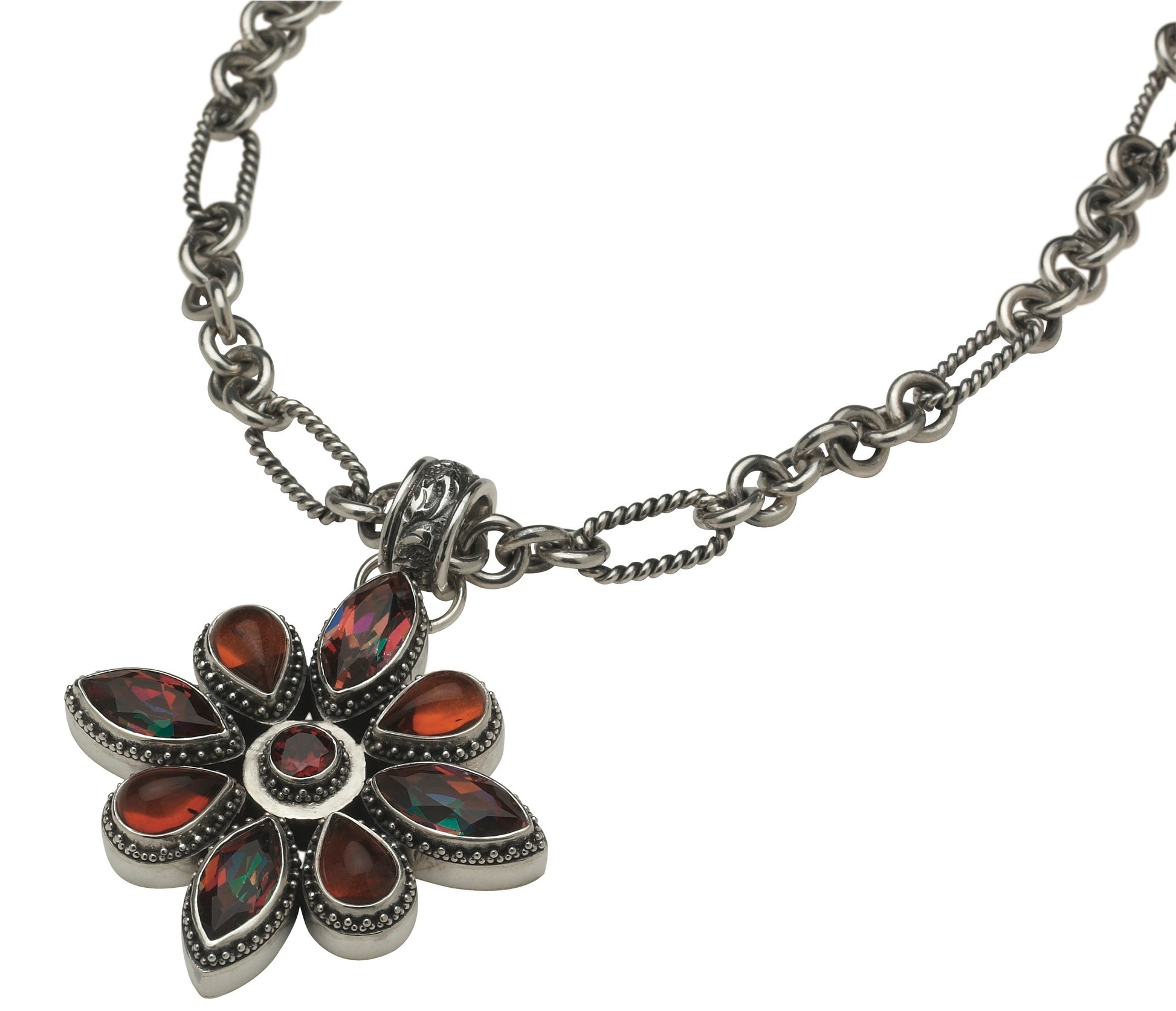 Sterling silver floral pendant featuring garnet, amber, and deep twilight topaz on an adjustable handmade chain from the Sasha 2003 Archive.