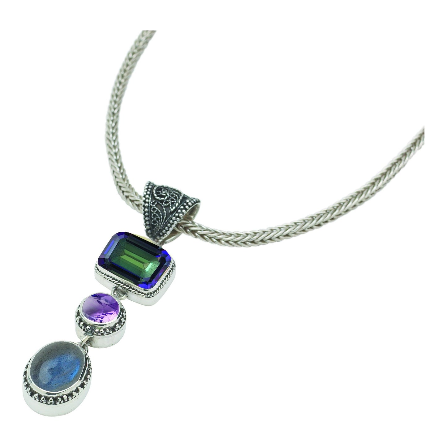Sterling silver triple drop enhancer pendant with mystic fire topaz, amethyst, and labradorite on handwoven foxtail chain, Lori Bonn Heirloom Collection 2002 Archive.