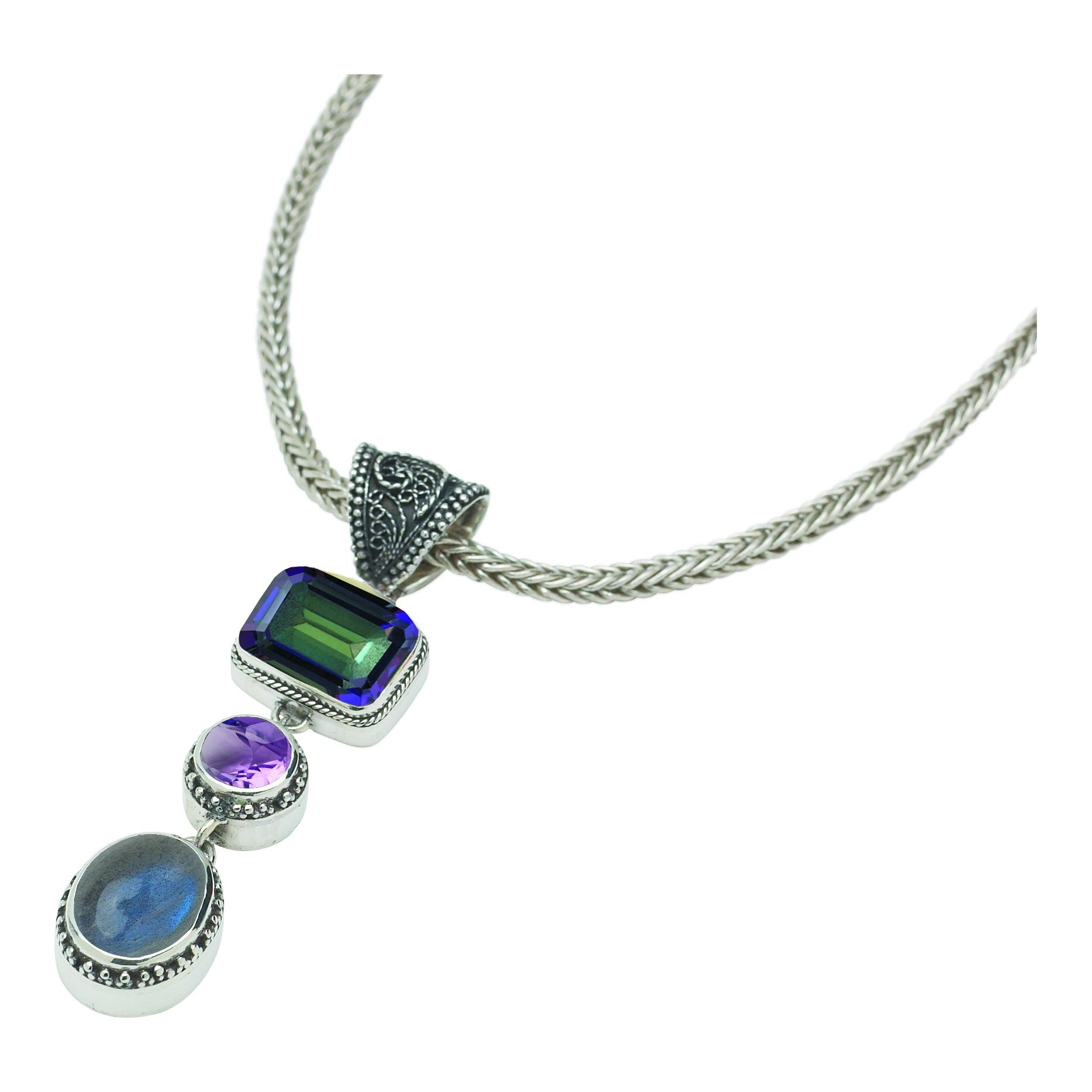 Sterling silver triple drop enhancer pendant with mystic fire topaz, amethyst, and labradorite on handwoven foxtail chain, Lori Bonn Heirloom Collection 2002 Archive.
