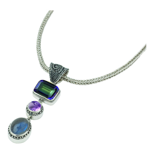 Sterling silver triple drop enhancer pendant with mystic fire topaz, amethyst, and labradorite on handwoven foxtail chain, Lori Bonn Heirloom Collection 2002 Archive.
