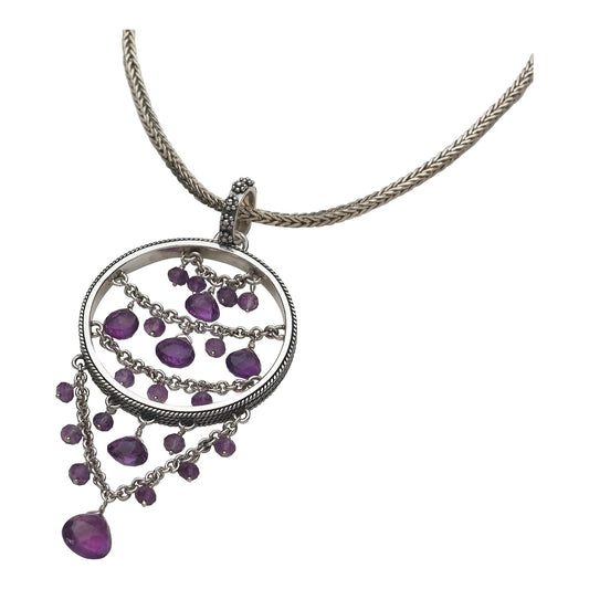 Sterling silver openwork medallion pendant with amethyst briolette drops and granulation flower bail on handwoven foxtail chain, Lori Bonn Parisian Muse Collection 2004 Archive.