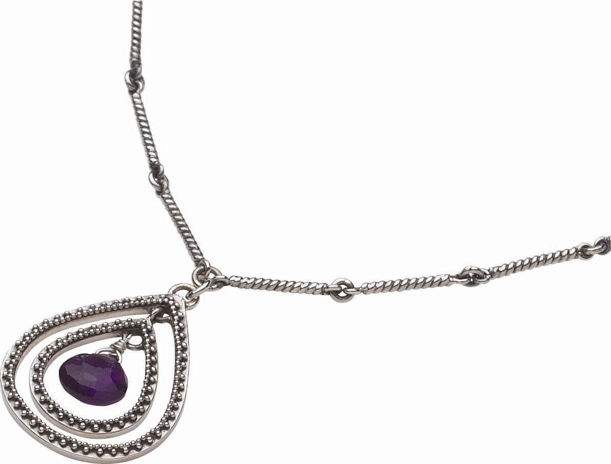 Necklace with a teardrop-shaped pendant featuring a purple gemstone on a white background