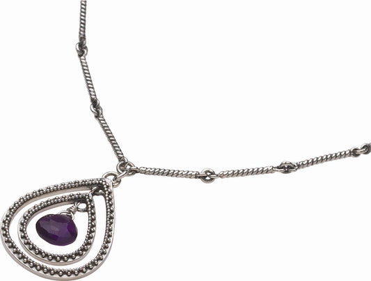 Necklace with a teardrop-shaped pendant featuring a purple gemstone on a white background